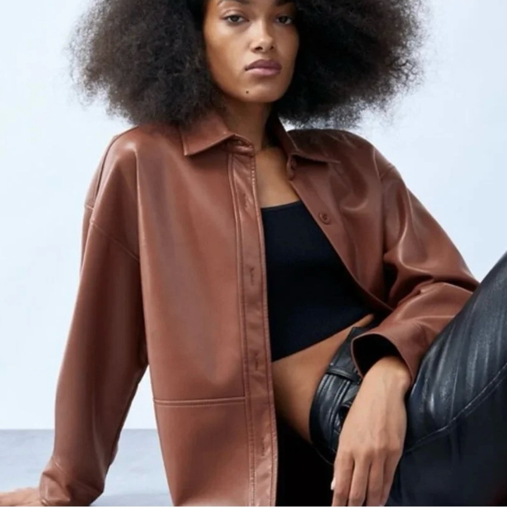 Aritzia Babaton Pelli Faux Lambskin Leather Vegan Shirt Jacket Cognac Brown Sz L